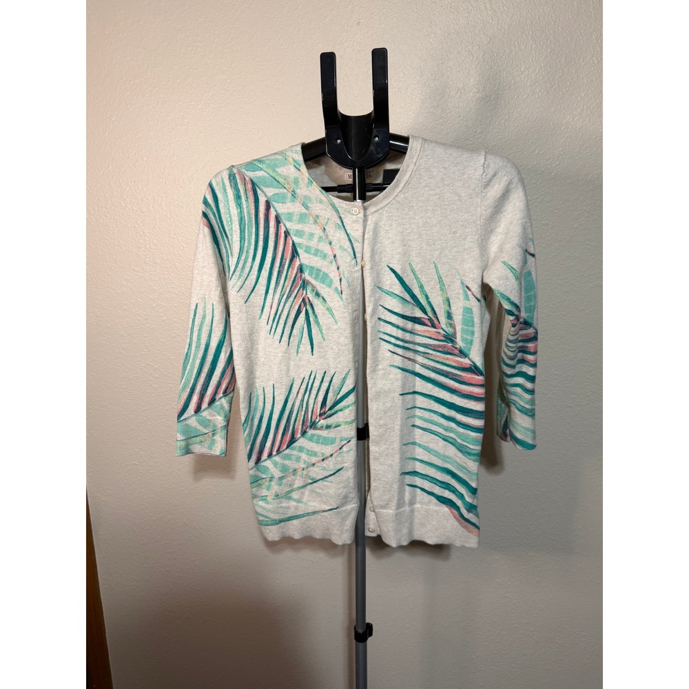 Merona Womens Medium‎ Oatmeal Tropical Palm Leaf Print Button Front Cardigan